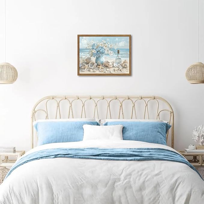 Framed Beach Canvas Wall Art, Blue Coastal Pictures Wall Decor Paintings, Ocean with White Floral Shell Poster Prints, Modern Seascape Artwork Home Decor for Living Room Bathroom 12x16 inch