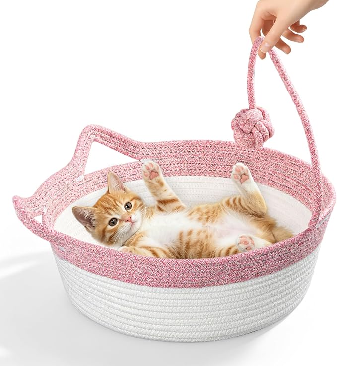 Cotton Rope Woven Cat Bed, Instinct Pet Basket with a Play Ball, Large | Foldable Cat Scratcher Basket for Indoor Cats, Puppies, Rabbits and Small Pets, Pink & White