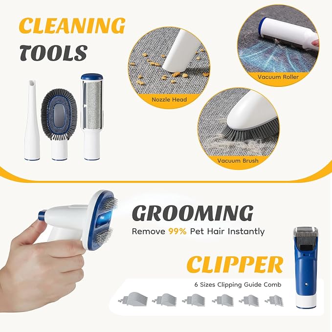 NEWBULIG Pet Grooming Vacuum Kit for Cats and Dogs, 2.5L Dust Cup | 3 Suction Modes and 5 Groomer Tools, Low Noise for Cats, Dogs Other Animals Hair Trimmer, White and Blue
