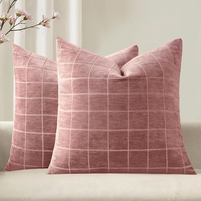 MIULEE Blush Pink Plaid Decorative Throw Pillow Covers 20x20 Set of 2 | Vintage, Check Chenille Couch Pillows, Neutral Boho Farmhouse Cushion Covers, Modern Home Decor for Sofa Bed Living Room