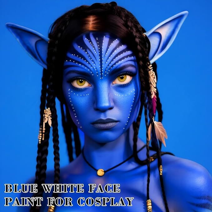 White Blue Face Paint with Sponges,1.01oz/pc Water Based Royal Blue Face Painting Kit for Avatar Smurf Mystique Cosplay Makeup,Halloween SFX Makeup Dark Blue Body Paint for Adults and Kids