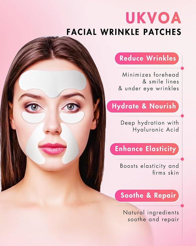 Forehead Wrinkle Patches & Smile Line Patches & Under Eye Patches, Overnight Facial Wrinkle Treatment with Hyaluronic Acid, Aloe, Collagen & Vitamin E to Lift Smile Lines for Women 60pcs