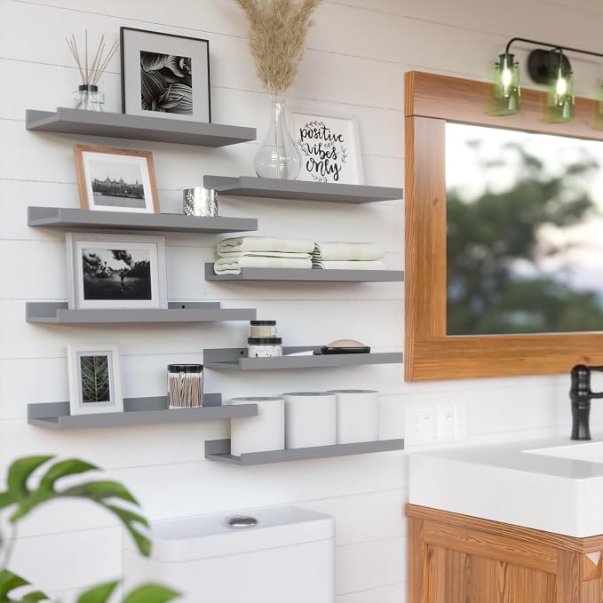 RICHER HOUSE 8 Set Floating Wall Mounted Shelves, Nursery Hanging Book Shelves with Lip for Storage, Gray Display Picture Ledge Shelf for Bedroom Bathroom Kitchen Living Room Wall Decor, Modern Grey | Display Picture Ledge Shelf, Anti-drop lip Shelf fo...