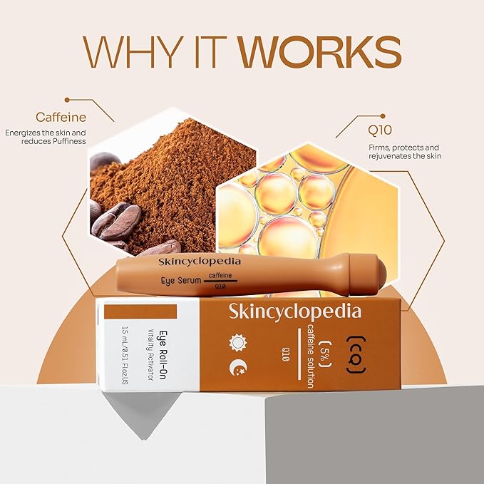 Under Eye Roll-On with Caffeine & Q10, Cooling Roller, Energizing Serum for Dark Circles & Under Eye Dark Spots, Puffiness Bags, Fine Lines & Wrinkles, Deep Hydration Activator.