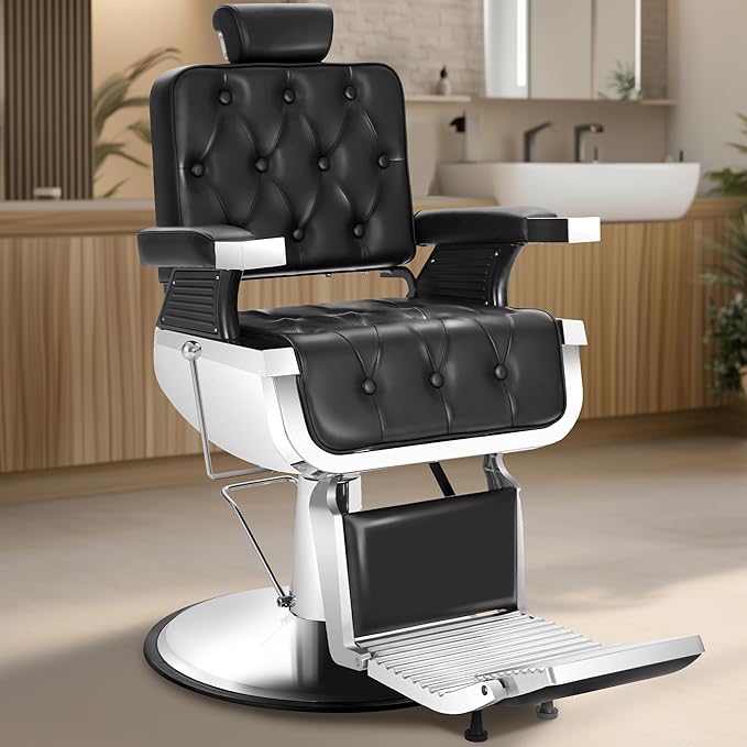 Heavy Duty Barber Chairs for Barbershop, Vintage Reclining Barbershop Chair, 360° Swivel Professional All Purpose Salon Hair Stylist Beauty Spa Shampoo Home Equipment with Removable Headrest, Black