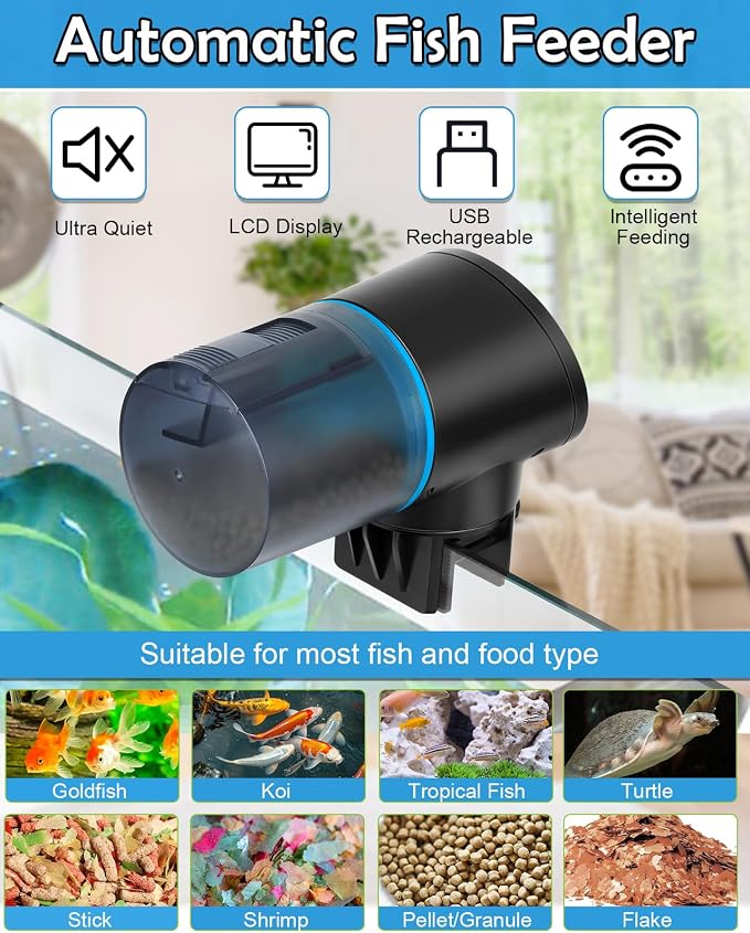 Automatic Fish Feeder for Aquarium Easy Setup & 4 Timers Blue | 200ML Rechargeable Auto Food Dispenser for Flakes & Pellets, LCD Display, Vacation Feeding for Small Tank Betta Koi Turtle