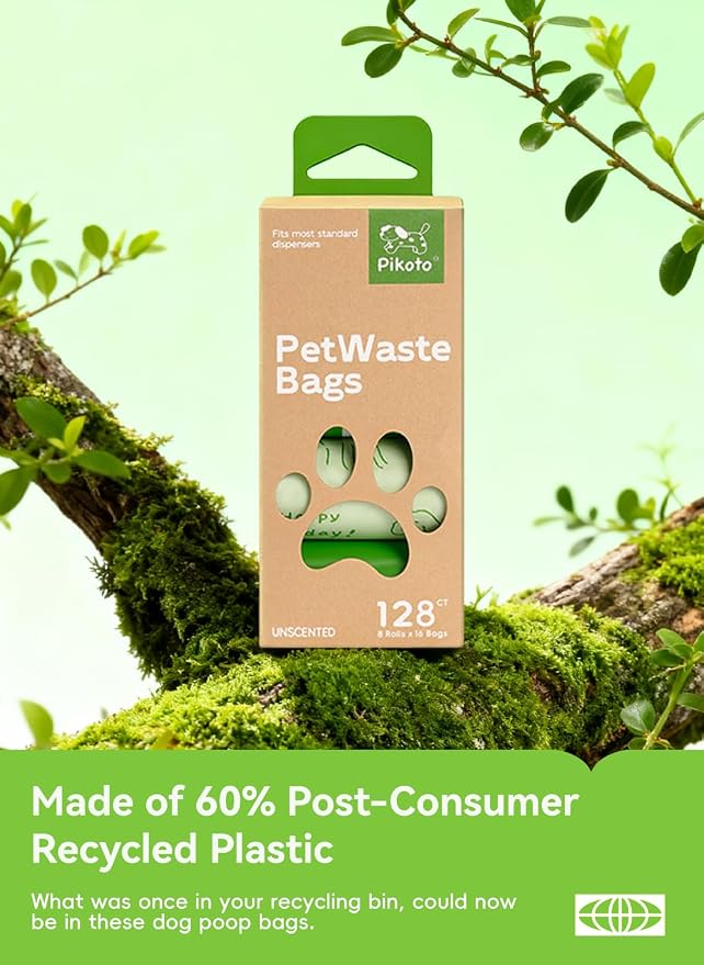 Dog Poop Bags, 128 Count, Unscented, Green | Fragrance-Free Formula, Extra Thick, 60% Recycled Plastic, 16 Bags Per Roll, Dual Green Designs, Easy-Peel Sticker