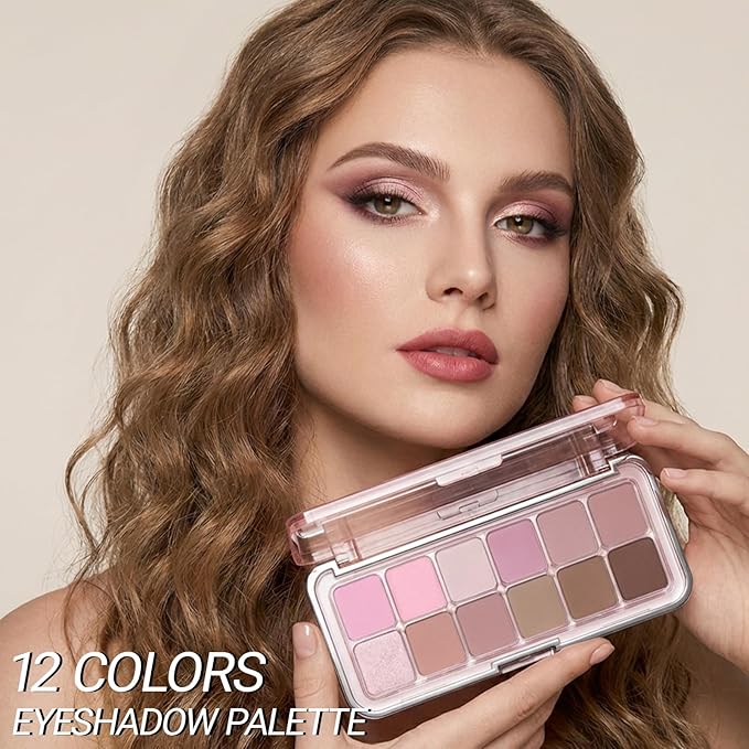 Erinde 12 Colors Eyeshadow Palette, Lavender Pink Neutrals & Nude Eye Shadow Makeup, Matte Shimmer Finishes, Long Lasting Ultra-Blendable Waterproof Eyeshadow Powder for Daily & Party, 07