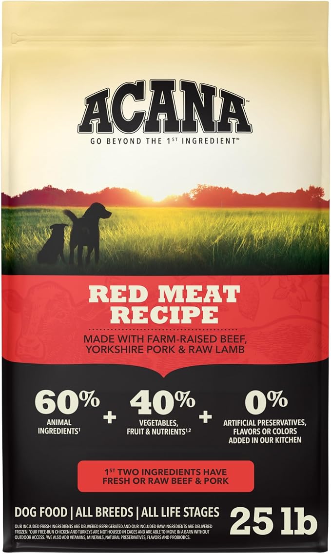 ACANA Grain Free Dry Dog Food Red Meat Recipe 25lb Bag | Freeze Dried, Grain Free, High Protein, Made in the USA, Omega-3 Fatty Acids, Digestive Health, Global Quality Ingredients