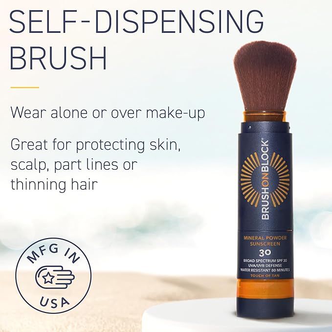Brush On Block New Formula SPF 30 Mineral Powder Sunscreen, Touch of Tan, Refillable, Broad Spectrum, Water Resistant Face Protection, For All Skin Types, Subtle Hint of Color, Reef Friendly