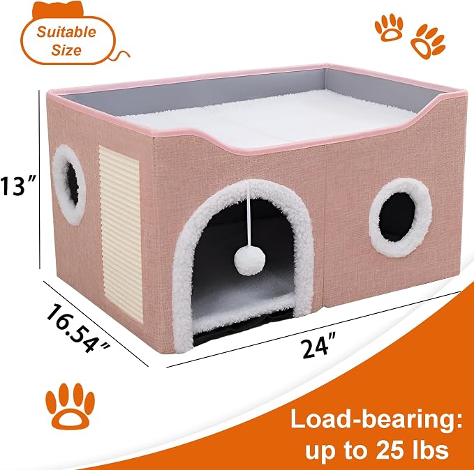 Loyareal Cat Houses for Indoor Cats - Large Cat Bed Cave with Scratch Pad and Fluffy Ball, Foldable Cat Condo Hideaway with Reversible Cushion for Multi Small Pet, Pink