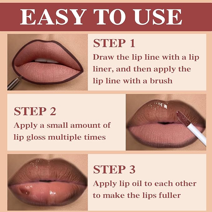 2 Colors Nourishing Lip Gloss & Liner Combo, Non-Sticky Lip Plumper with Natural Nude Tinted Lip Oil, Moisturizing Lightweight Lip Kit for Women, Long Wear Shiny Lip Gloss with Lip Liner Set