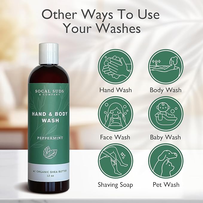 SoCal Suds & Company Organic Shea Butter Body Wash, 2-Pack – Peppermint Liquid Castile Soap for Hand & Body, Moisturizing Plant-Based Organic Soap for Women, Men & Sensitive Skin (12oz Each)