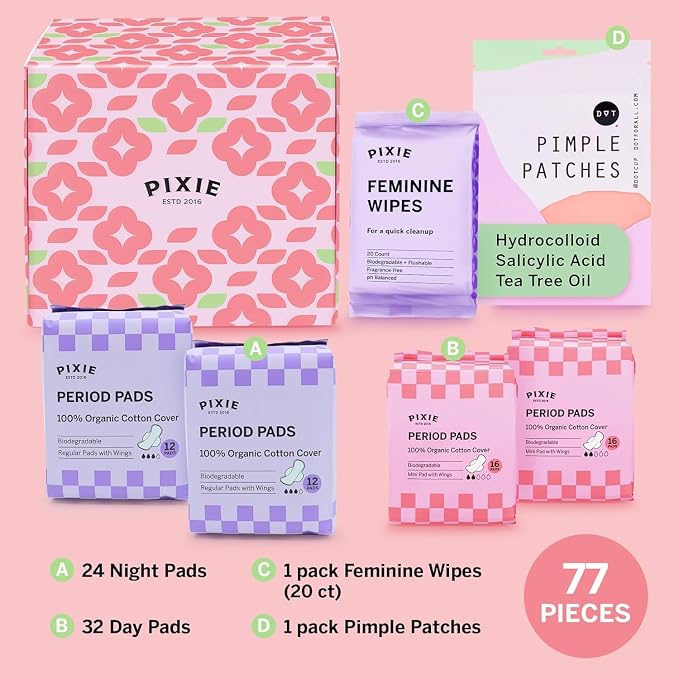 Pixie Period Starter Pads for Teen Girls - Organic Cotton 56ct - Designed for Tweens & Smaller Underwear - Leak-Proof with Wings for Feminine Care - Includes 32ct Mini & 24ct Regular Pads with Wipes