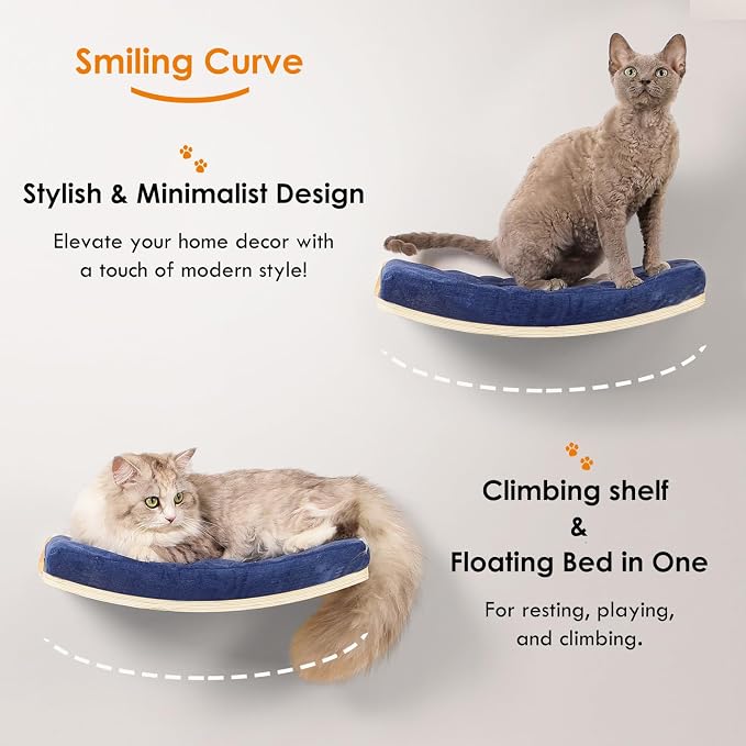 Curved Cat Shelves and Perches, Floating Cat Wall Bed with Comfortable Cushion