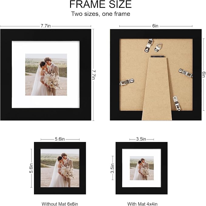 Hongkee 6x6 Picture Frame Set of 4, Made of Real Glass and Black Wooden Frame - Display Picture 4x4 with Mat or 6 x 6 Without Mat, 6x6 Photo for Wall or Tabletop