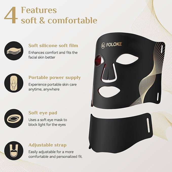 LED Light Therapy Mask Skin Care Mask & Neck, LED Red 630±5nm & NIR 830nm Wavelength for Home Use（Advanced Black）