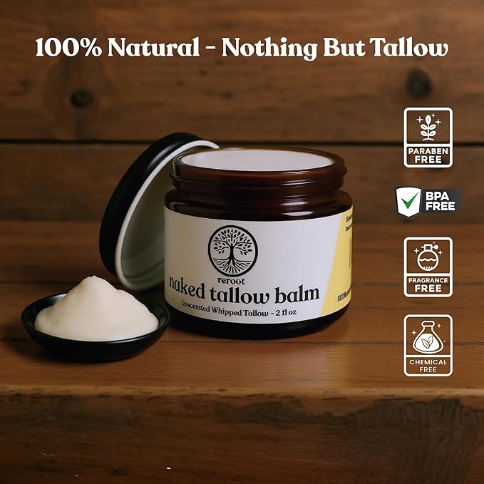 Beef Tallow Balm for Skin | NAKED TALLOW BALM | 1 Ingredient - 100% Grass Fed Grass Finished Tallow | Whole Body & Face Moisturizer | Whipped | Dry Skin, Eczema, Rosacea, (2oz)