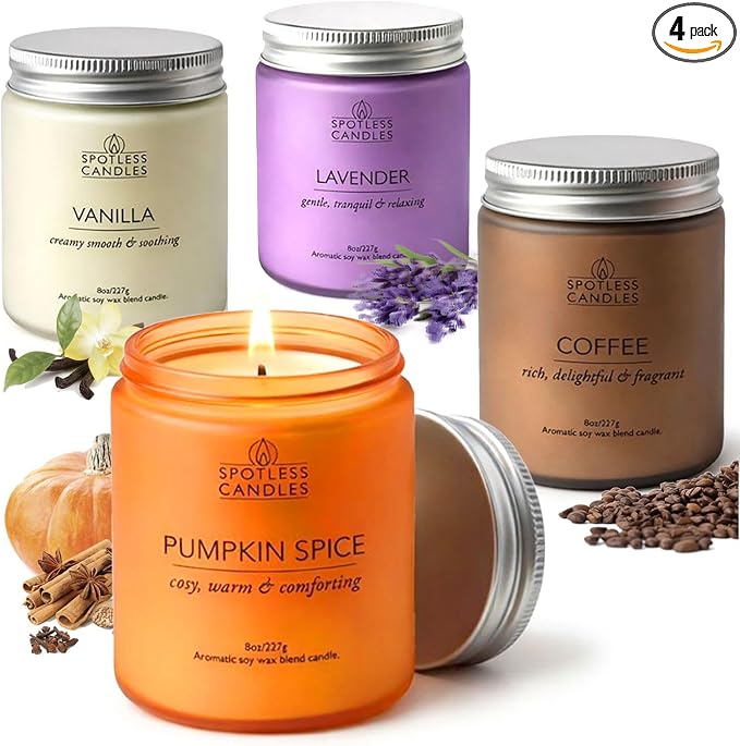 Classic Candle Gift Set; 4 x 8oz Scented Candles in Frosted Glass Jars; Coffee, Vanilla, Lavender, Pumpkin Spice; 200 Hours Burn Time; Gifts Set for Women; Premium Gift Box by Spotless Candles