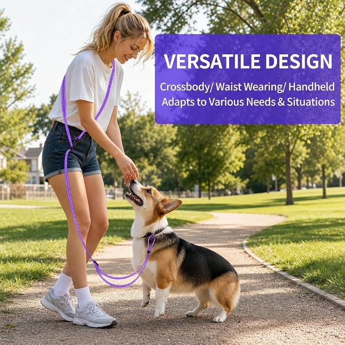 Kazazoo Hands-Free Dog Leash Adjustable Length 5-8 Ft,Waist & Crossbody Leash for Walking with Small Dogs Bichon Frisé & Teddy Reflective Strips, Ballistic Nylon, Waist Belt, Lightweight Purple