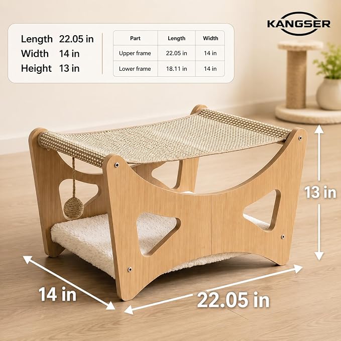 Cat Hammock Bed, 3 in 1 Elevated Bunk Cat Hammock Bed with Sisal Scratching Pad & Soft Plush Cushion, Wooden Cat Furniture for Small to Medium Cat & Dog, Pet Hair Removal Glove