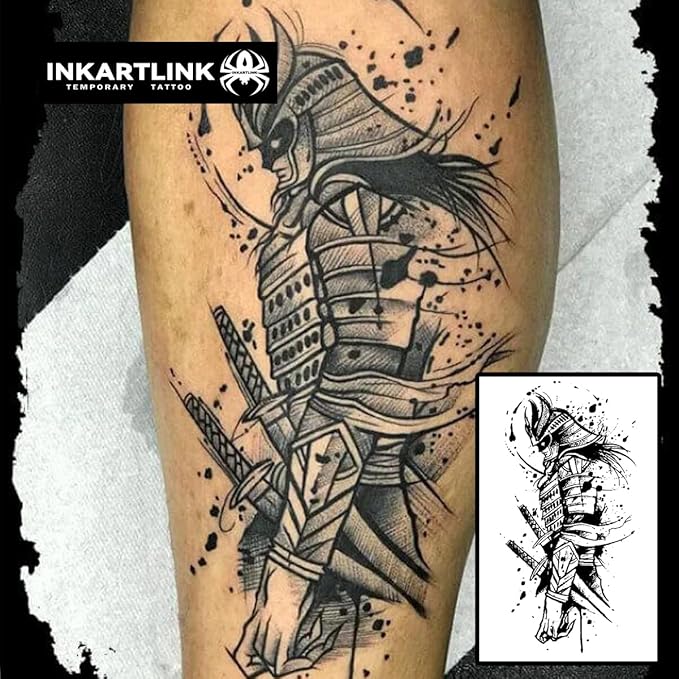 INKARTLINK Semi-Permanent Tattoos, Temporary Tattoos, Adult Art Designs, Party Favors, Waterproof, Realistic, No Adhesive, No Reflective, Lasts 1-2 Weeks, Extra Large (Double Blade Warrior)