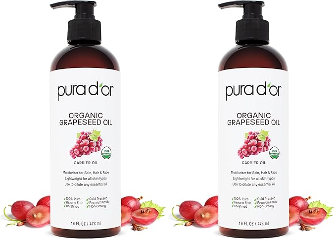PURA D'OR 16 Oz Organic Grapeseed Oil - 100% Pure & Natural USDA Certified Cold Pressed Carrier Oil - Light & Silky, Unscented, Hexane Free Liquid Moisturizer - Face Skin & Hair - Men & Women