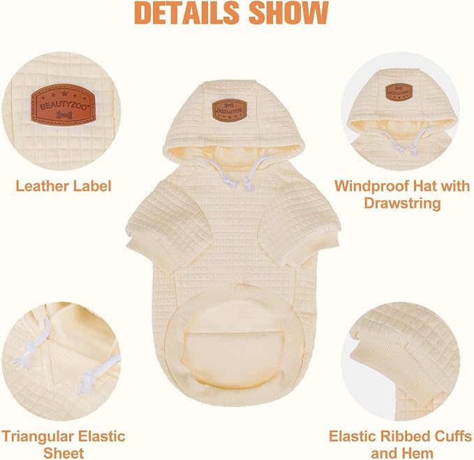 BEAUTYZOO Dog Hoodies Sweater for Small Dogs,Waffle‑Like Laminated Pet Coat | Warm Dog Sweatshirt with Pocket & Leash Hole,Pullover Clothes for Girl Boy Dogs & Cats,Stretchy & Easy‑On‑Off,Chihuahua Puppy