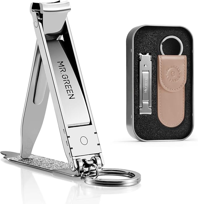 MR.GREEN Collapsible Nail Clippers Small and Thin Portable Travel Nail Scissors Cutter Stainless Steel Manicure Tools with Nail Files (Brown Leather Case+ Iron Box)