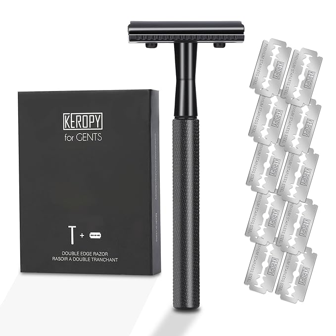 KEROPY Eco-Friendly Safety Razor With 10 Premium Stainless Steel Blade Safety Razors For Men Shaving Razor, Smooth Wet Shave Experience, Gun Black
