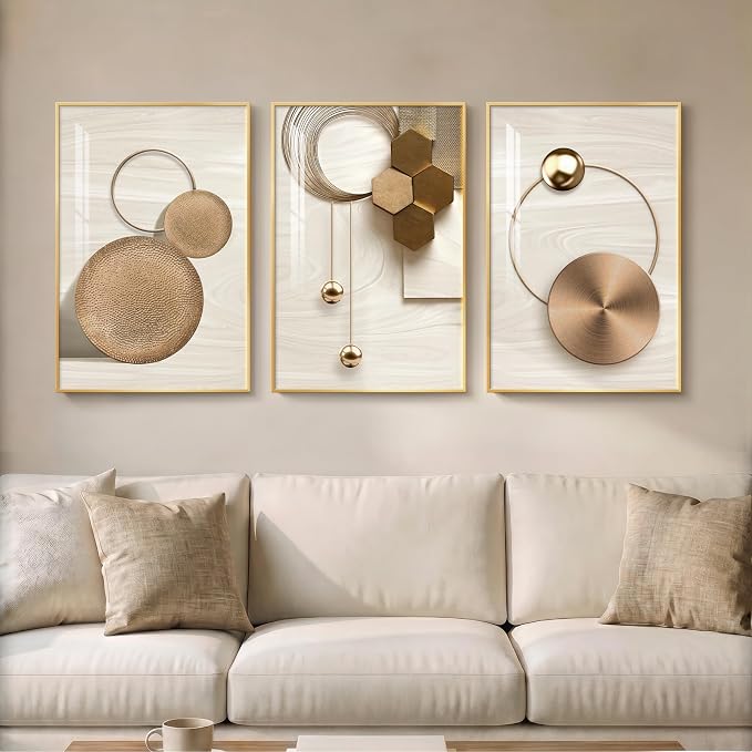 Large Framed Modern Luxury Gold Wall Art for Living Room, 3 Piece 16x24 In | Wall decor with frame, Golden geometric pictures, Crystal coating wall art, Fade resistance prints for bedroom dining room
