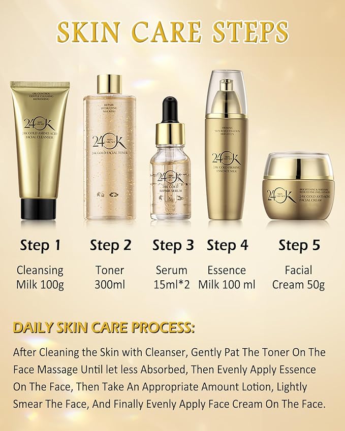 Skin Care Set,6 in 1 24K Gold Skincare Toiletries Set,Moisturizing Brighten Facial Skin Care Product Kit with Cleanser,Toner,Face Serum,Face Cream,Valentine's Women's Day Skincare Kit for Women Mom