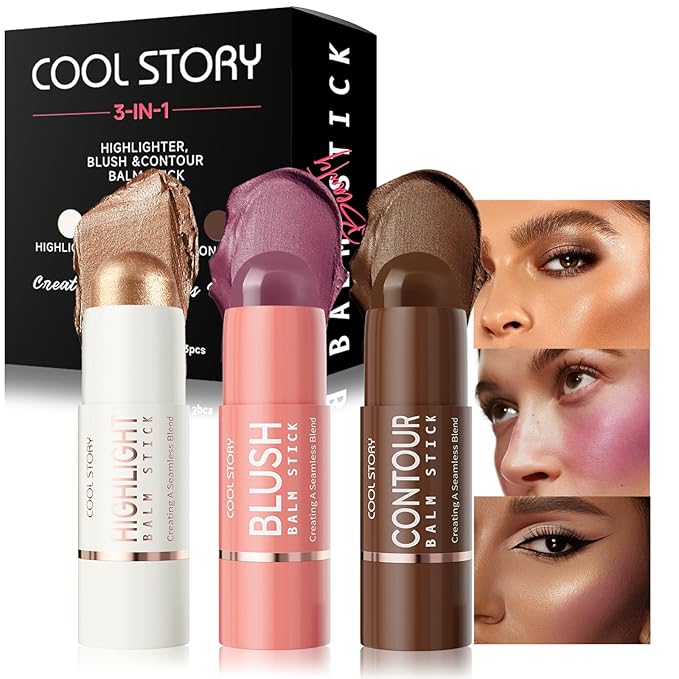 3-in-1 Highlighter,Blush and Contour Sticks Trio with Highlighter Stick Contour Stick and Blush Stick for Cheeks and Face Makeup (Set C Deep)