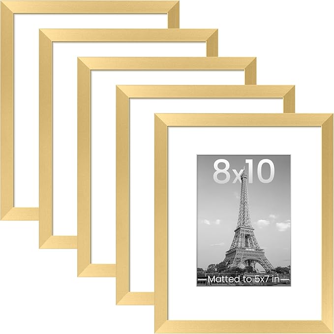 upsimples 8x10 Picture Frames, Gallery Wall Frames Set of 5, Gold | Photo Frame Collage Wall Decor, 8 x 10 Frame, 5x7 Frame with Mat for Family, Baby, Hallway, Christmas