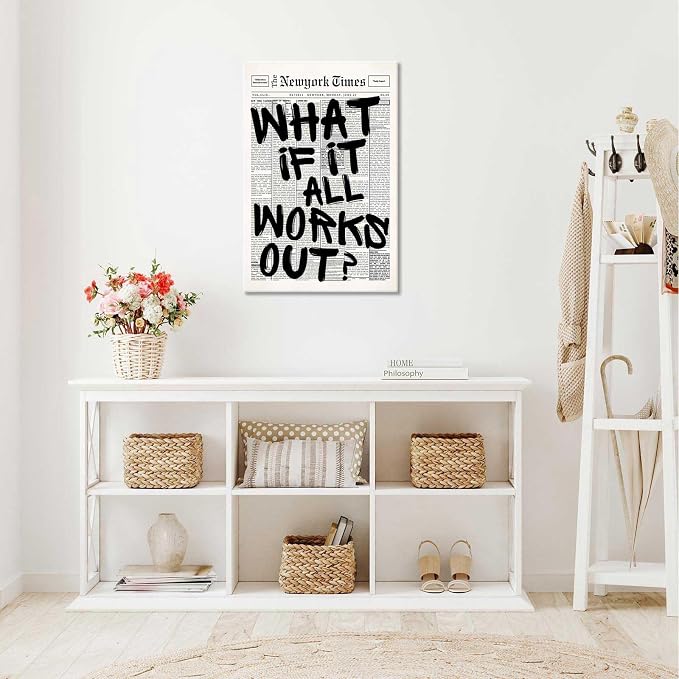 Drimiler Retro Black And White Newspaper Poster What If It All Works Out Canvas Wall Art Positive Affirming Quote Minimalist Prints Painting For Home Bedroom Dorm Wall Decor 12x18in Wframed