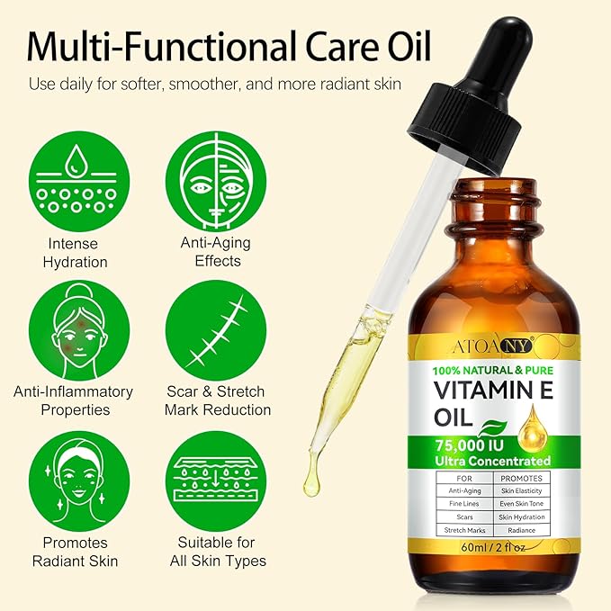 flasture Vitamin E Oil for Skin 75,000 IU – 2 Pack Vitamin E for Face, Hair, Scars, Nails, Ultra-Hydrating Body Oil for Dry Skin Wrinkles,Cold-Pressed, Non-GMO, Skincare Formula –2 Fl Oz