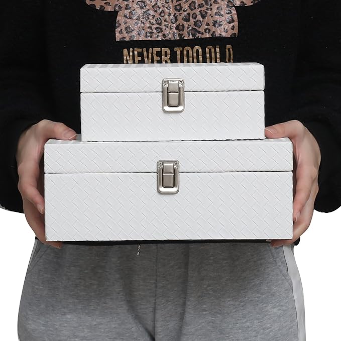 DECOR4SEASON Faux Leather Decorative Jewelry Storage Organizer Boxes Set of 2, White | Modern White Box for Vanity, Entryway & Coffee Table Décor