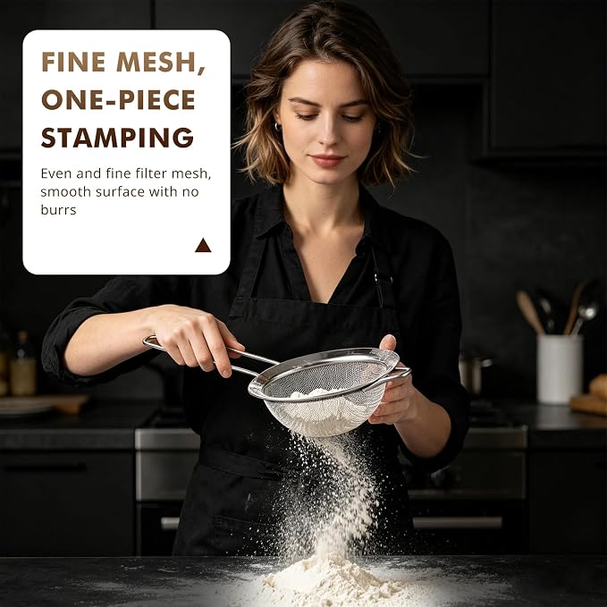 NileHome 3 Piece Mesh Strainers, Stainless Steel Strainer for Sifting, Straining, Cooking Kitchen Strainers Fine Mesh for Flour, Pasta, Loose Tea, Fruit, and Rice, Silver（3.1"+5.4"+7.8")