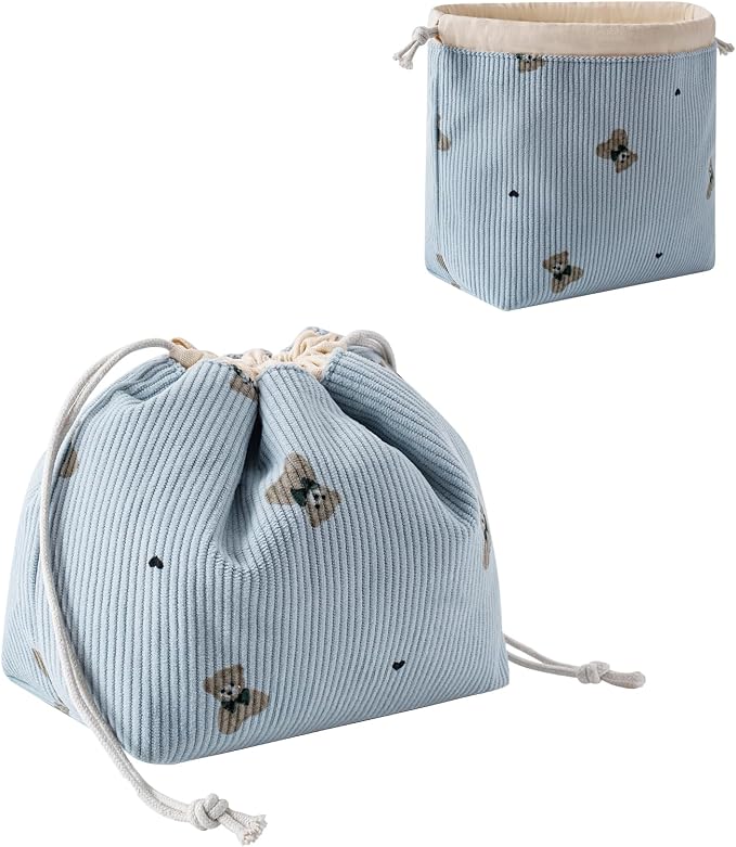 RSRSLEII Aesthetic Corduroy Drawstring Makeup Bag, Cute Coquette Drawstring Cosmetic Bag with Canvas Lining, Bear Pattern Travel Makeup Organizer Case for Women Girls (03Blue Bear)