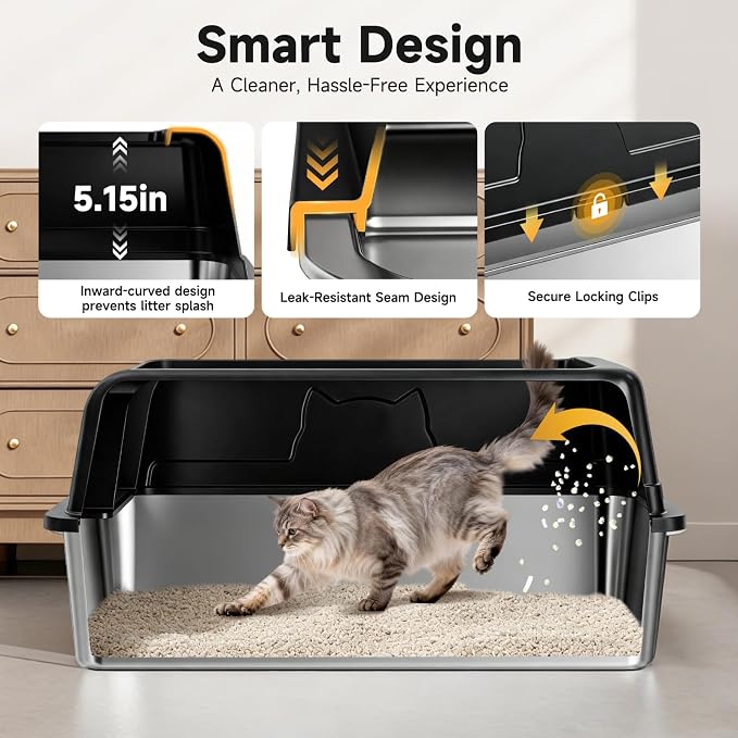 High-Sided Stainless Steel XL Cat Litter Box for Cats | High-Sided Design Prevents Urine Leakage,Non-Stick,Easy to Clean,Includes Scoop,Black