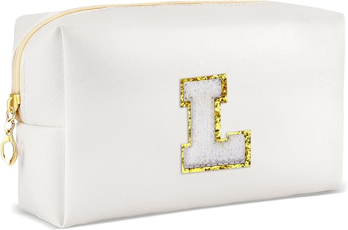 URSKYTOUS Gifts for Girls Initial Makeup Bag Personalized Cosmetic Bag with Zipper Cute Travel Toiletry Bags Waterproof PU Preppy Makeup Pouch Birthday Gift for Teen Girls Women(White L)