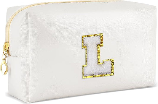 URSKYTOUS Gifts for Girls Initial Makeup Bag Personalized Cosmetic Bag with Zipper Cute Travel Toiletry Bags Waterproof PU Preppy Makeup Pouch Birthday Gift for Teen Girls Women(White L)