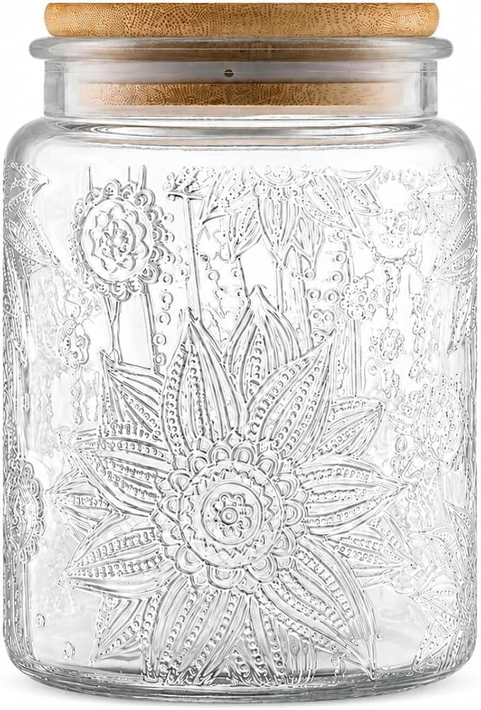 Vintage Glass Jar with Lid, 23.7oz Coffee Canister | Airtight Glass Food Storage Container, Kitchen Canister for Coffee, Tea, Sugar, Candy, Cookie, Decorative Jar, Cute Jar