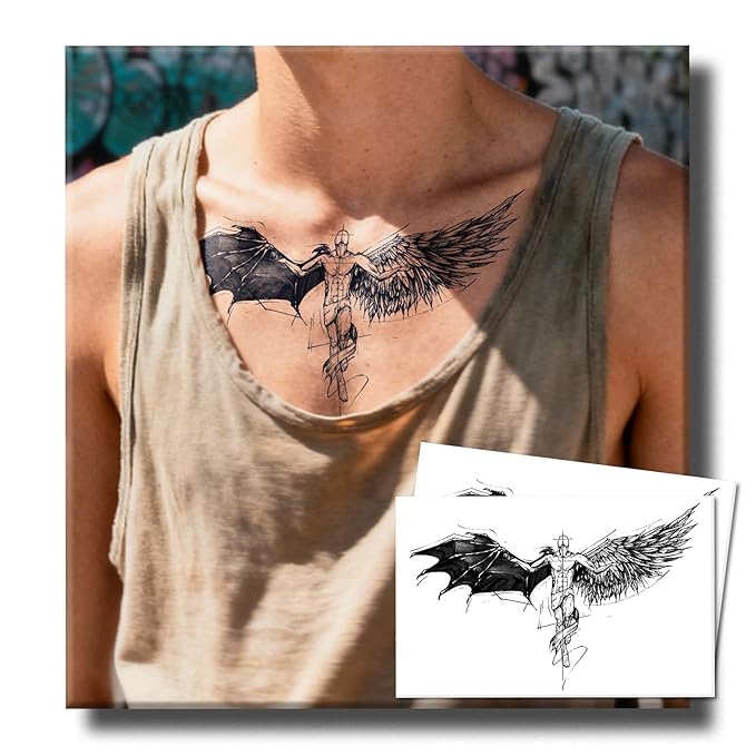 Semi Permanent Tattoos, 2 Sheets Large Realistic Large Angel VS Devil Wings Temporary Tattoos for Men Back Chest Calf, 2 Weeks Fake Tattoos, Waterproof and Non-Reflective, Unique Design