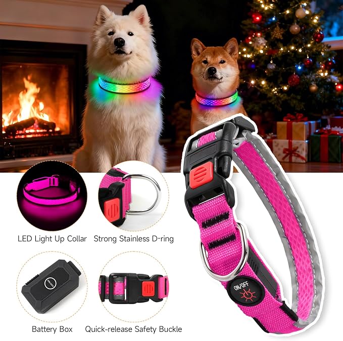LED Dog Collar, Light Up Dog Collar,for Night Walking(Large,Pink) | Adjustable,Bright RGB 7 Colors Light Glowing Collar,Waterproof,Nylon,Soft,For Medium and Large Dogs,USB C to Charge