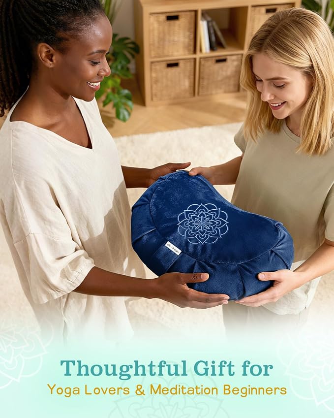 Hihealer Premium Crescent Meditation Cushion, Ergonomic Buckwheat Hull Floor Pillow for Adults, Comfortable Yoga Bolster for Meditation & Floor Sitting (Blue)