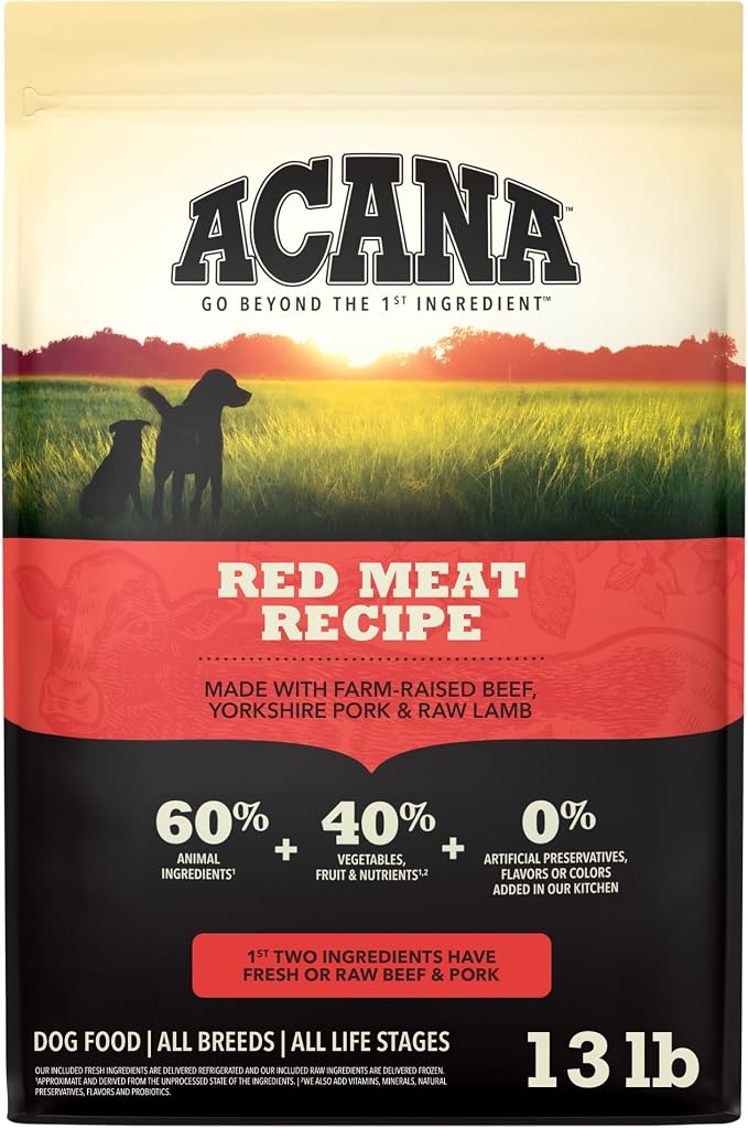 ACANA Grain Free Dry Dog Food Red Meat Recipe 13lb Bag | Freeze Dried, Grain Free, High Protein, Made in the USA, Omega-3 Fatty Acids, Digestive Health, Global Quality Ingredients