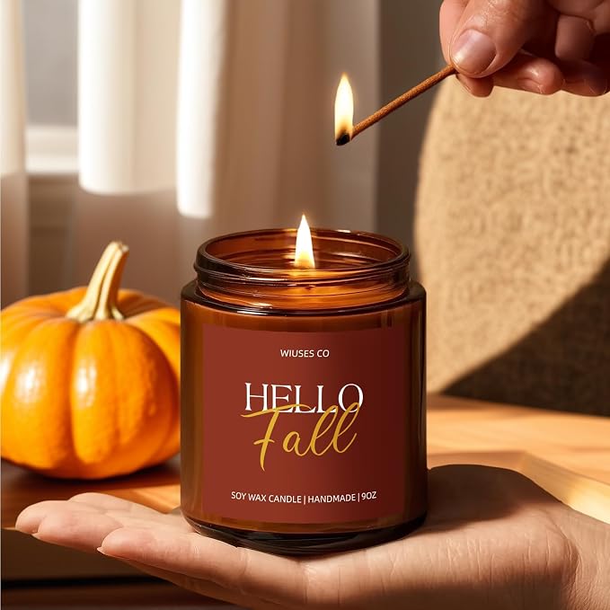 Hello Fall Pumpkin Candle for Home Scented| Organic Soy Non Toxic Candles| Long Clean Burning Aromatheraphy Jar Candel| Women,Men Gift for Autumn,Winter, Halloween,Thanksgiving,Relaxing| 9oz