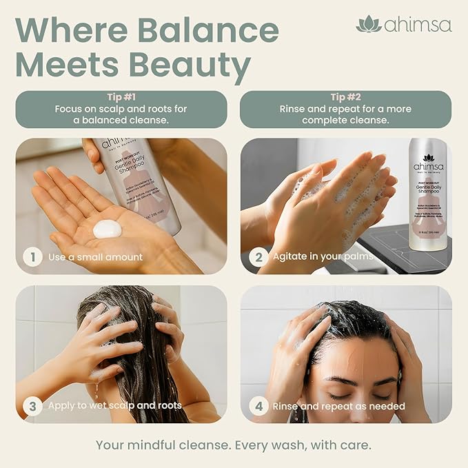 Ahimsa Gentle Daily Shampoo Paraben Sulfate Free, Organic Hair Shampoo for Dry Damaged Hair, Curly & Color-Treated, Apple & Oat Amino Acids, Indian Gooseberry for Scalp Health, Jasmine Oil (10oz)