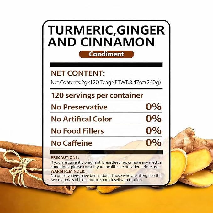 120 Premium Turmeric Ginger Cinnamon Tea, Turmeric Ginger Herbal Tea, Digestive Support, Vegan, Sugar Free, Caffeine Free, Daily Wellness Tea, Gift Choice, Rich & Warming Taste